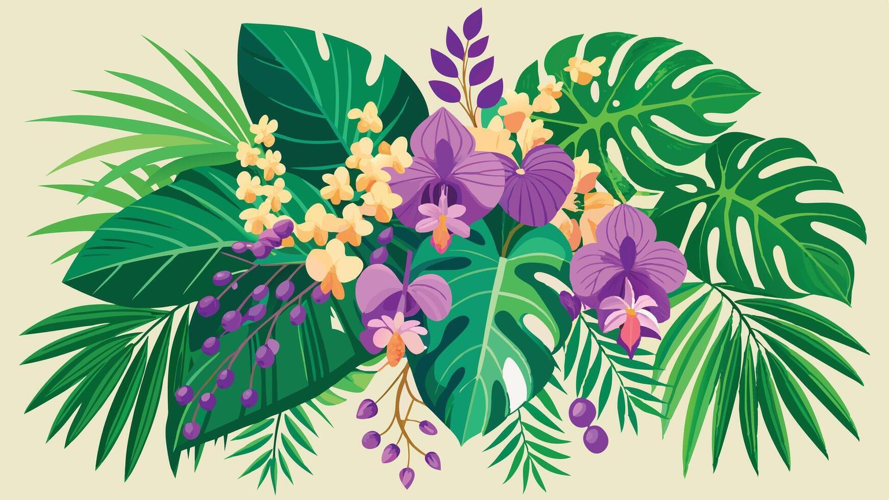 Nature background. Tropical green leaves, exotic plants, flowers, botanical border, floral banner, card design. vector