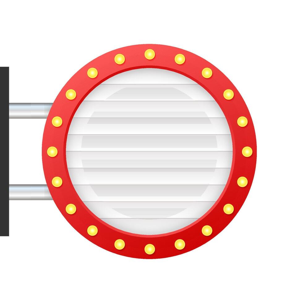 Round white sign with red frame and light bulbs hanging on a metal pole vector