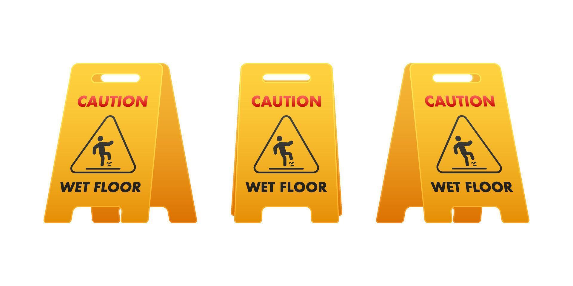 Yellow Caution Wet Floor Signs Warning about Slippery Surface vector