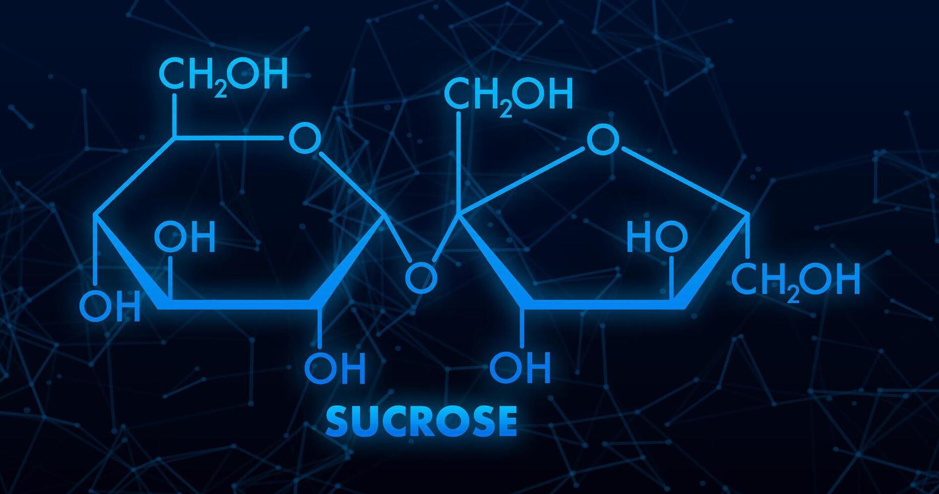 Sucrose Molecular Structure with Glowing Lines on Dark Background vector