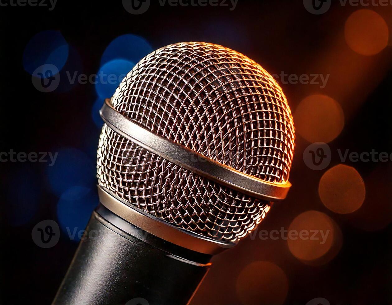 A microphone seen up close with a bokeh background. photo