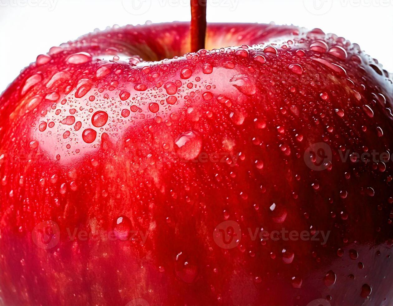 A red apple with dew droplets on its skin, looking fresh and shiny, captured in close-up photography. photo