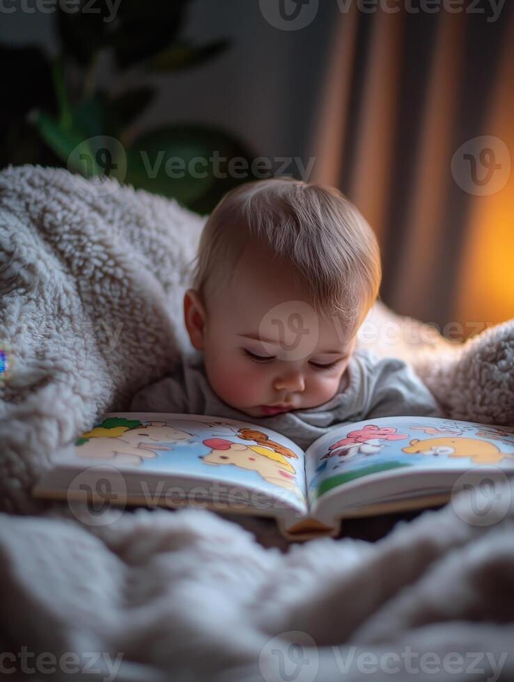 the baby is reading a cartoon animal book while laying on a bed. photo