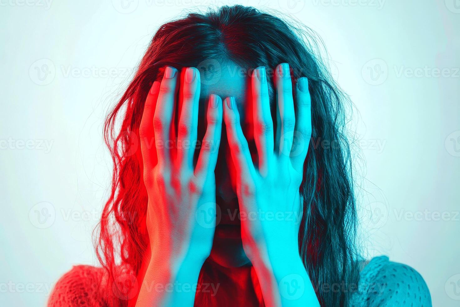 An individual covers their face with both hands, conveying a sense of distress or emotional turbulence, depicted in a close-up shot focusing on the hands and partial expression photo