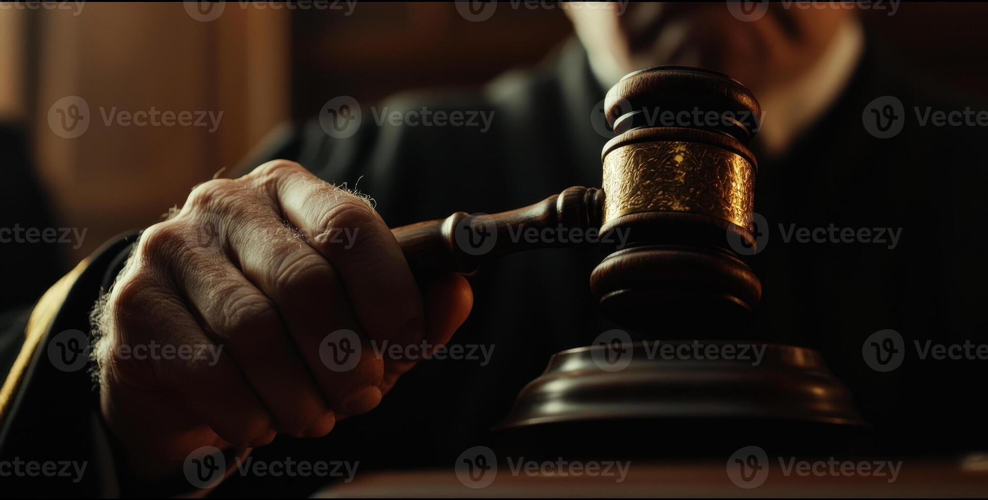 Hand holding a gavel above a sounding block, symbolizing legal decision-making.., photo