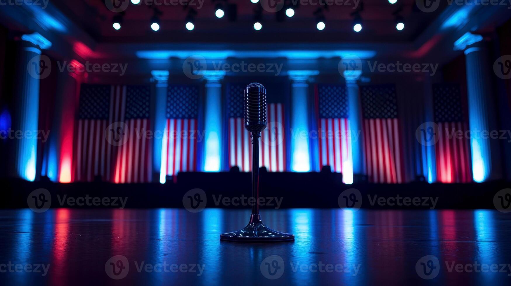 Pulpit with microphones and USA flag in the background, pulpit, microphones, USA flag, podium, speech... photo