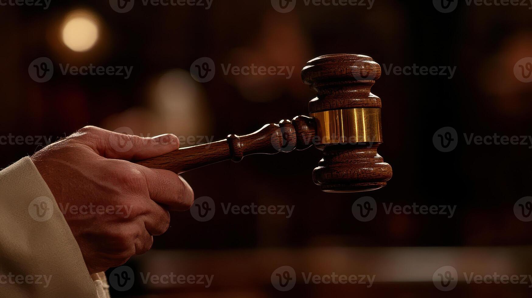 Hand holding a gavel above a sounding block, symbolizing legal decision-making photo