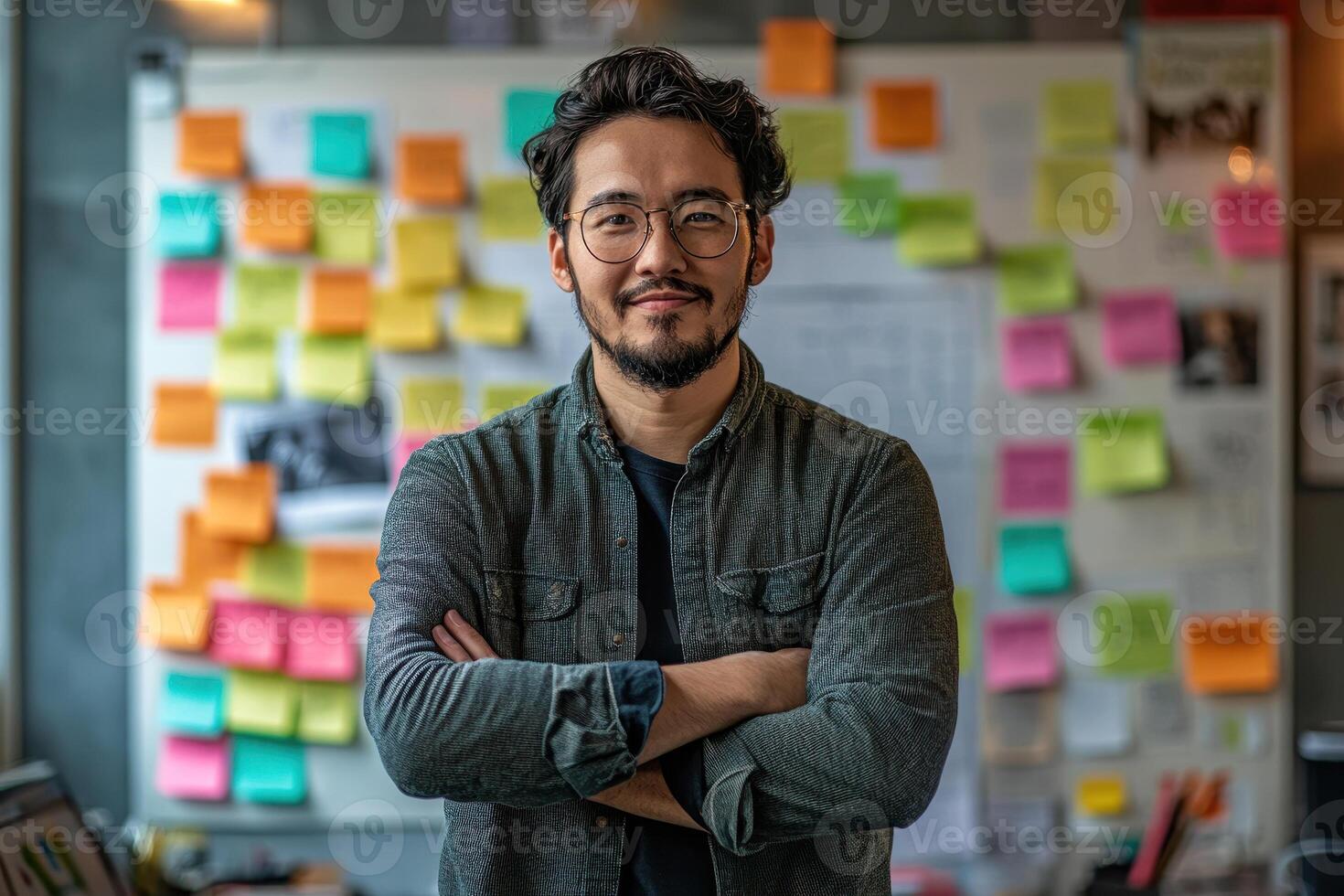 a man in casual attire using colorful sticky notes to brainstorming about idea on a whiteboard. photo