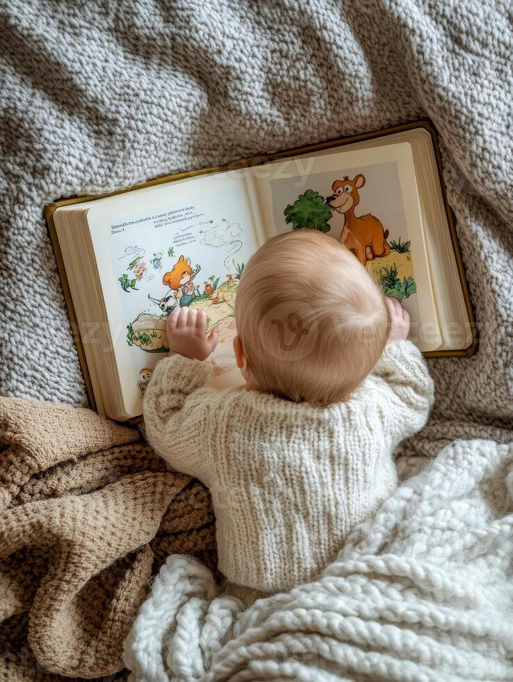 A baby is reading a cartoon animal book while laying on a bed., photo