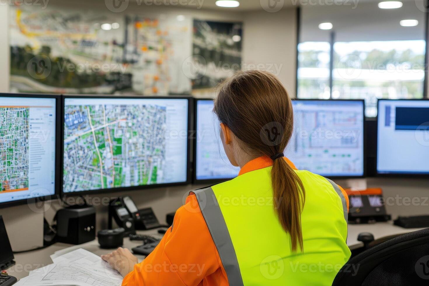 A woman in a safety vest is looking at a computer monitor.,.. photo