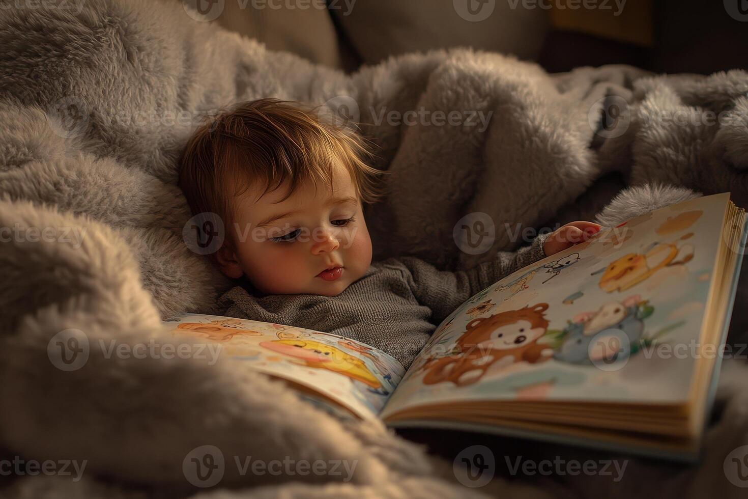 A baby is reading a cartoon animal book while laying on a bed,. photo