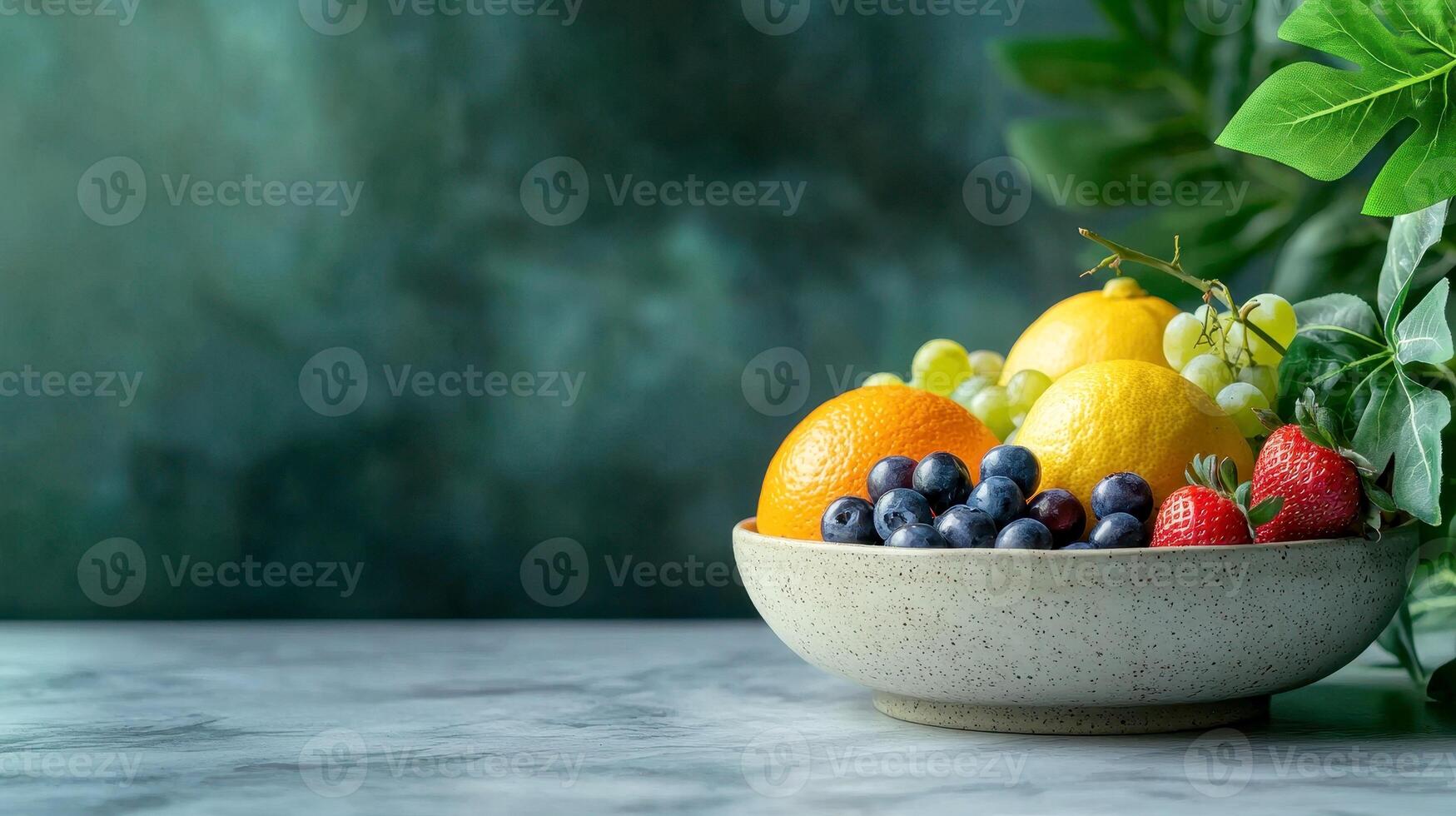 vibrant bowl of mixed assorted fruits displaying healthy snacks with fresh grapes, orange, and strawberry. photo