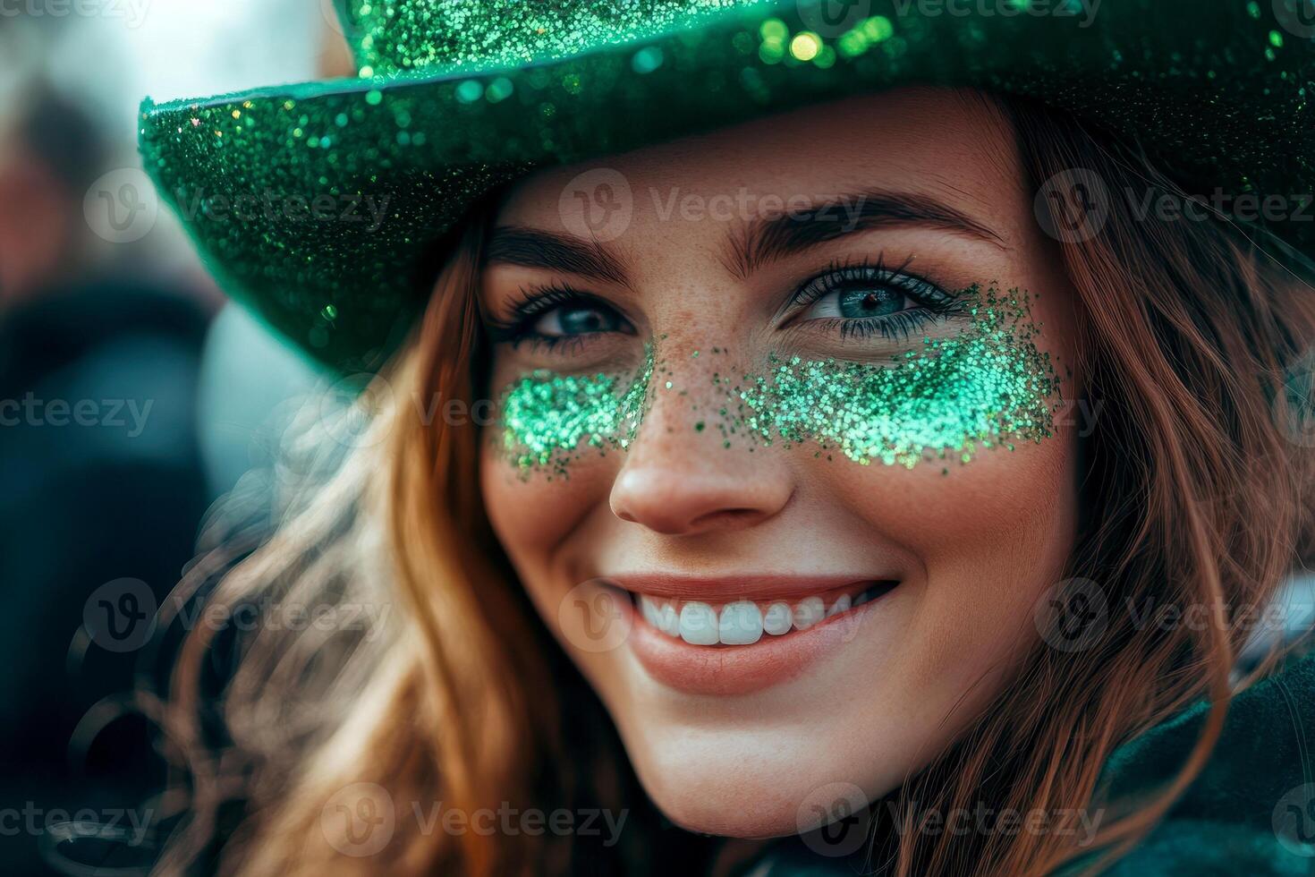 a Smiling woman in festive leprechaun hat celebrating st. patrick's day in city parade. photo