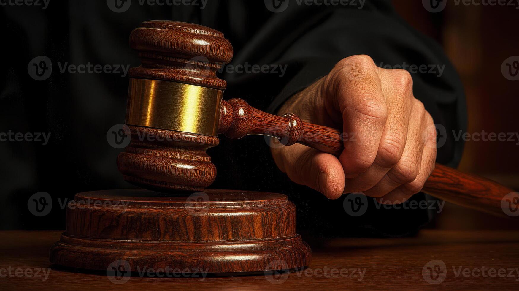 a Hand holding a gavel above a sounding block, symbolizing legal decision-making. photo
