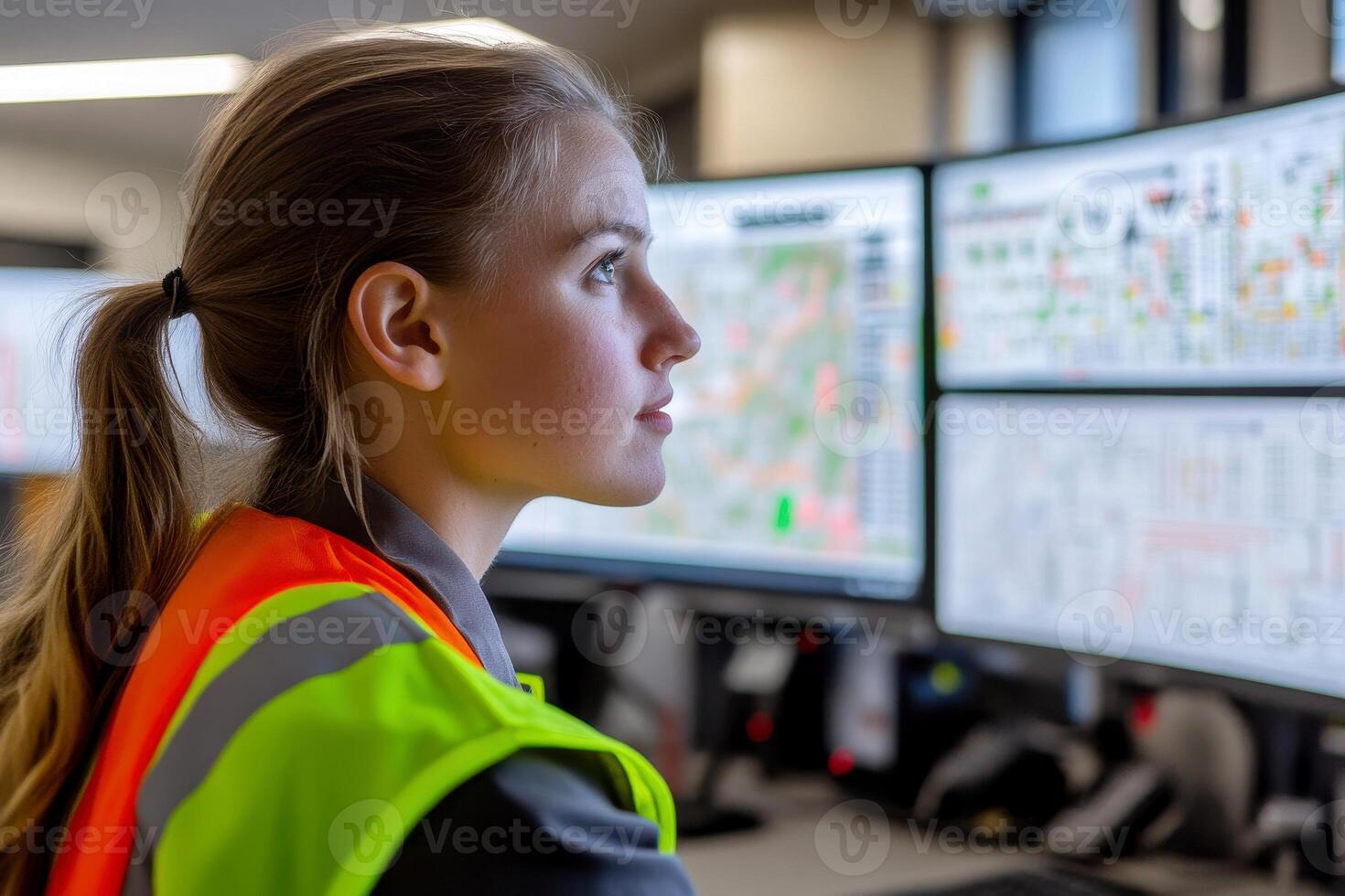 A woman in a safety vest is looking at a computer monitor,, photo
