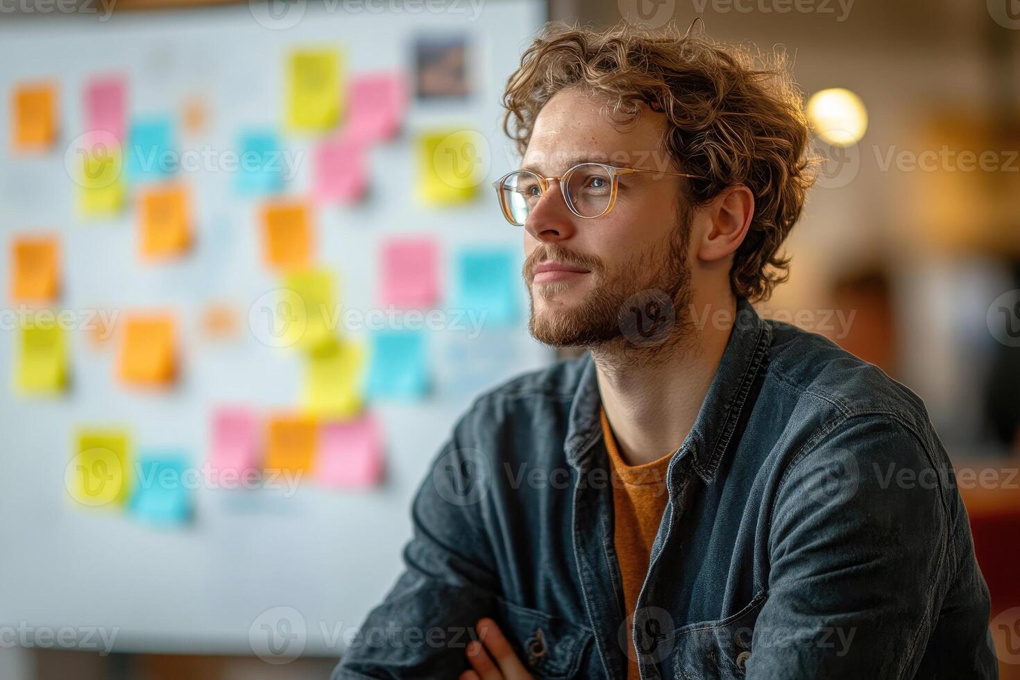 man in casual attire using colorful sticky notes to brainstorming about idea on a whiteboard photo