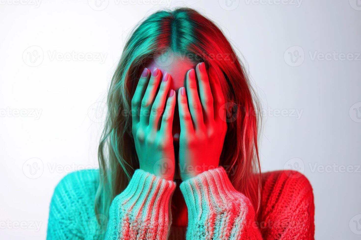 An individual covers their face with both hands, conveying a sense of distress or emotional turbulence, depicted in a close-up shot focusing on the hands and partial expression.. photo