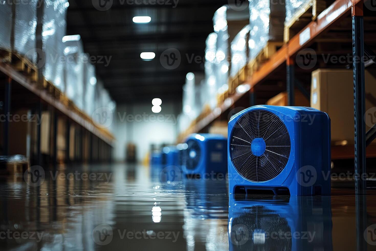 Industrial fan in a warehouse with a wet floor, cleanup, and pavement dried out photo