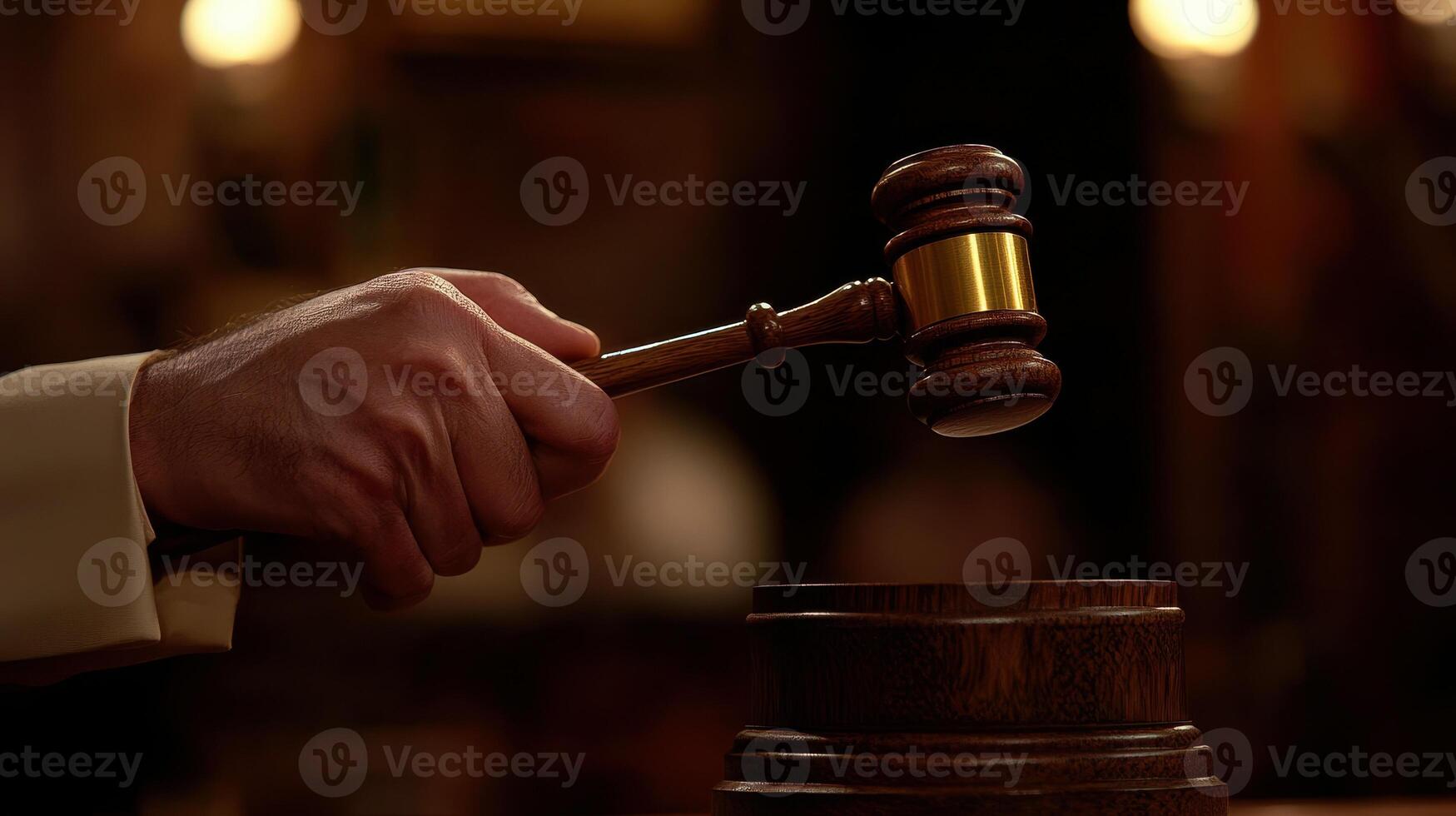 Hand holding a gavel above a sounding block, symbolizing legal decision-making... photo