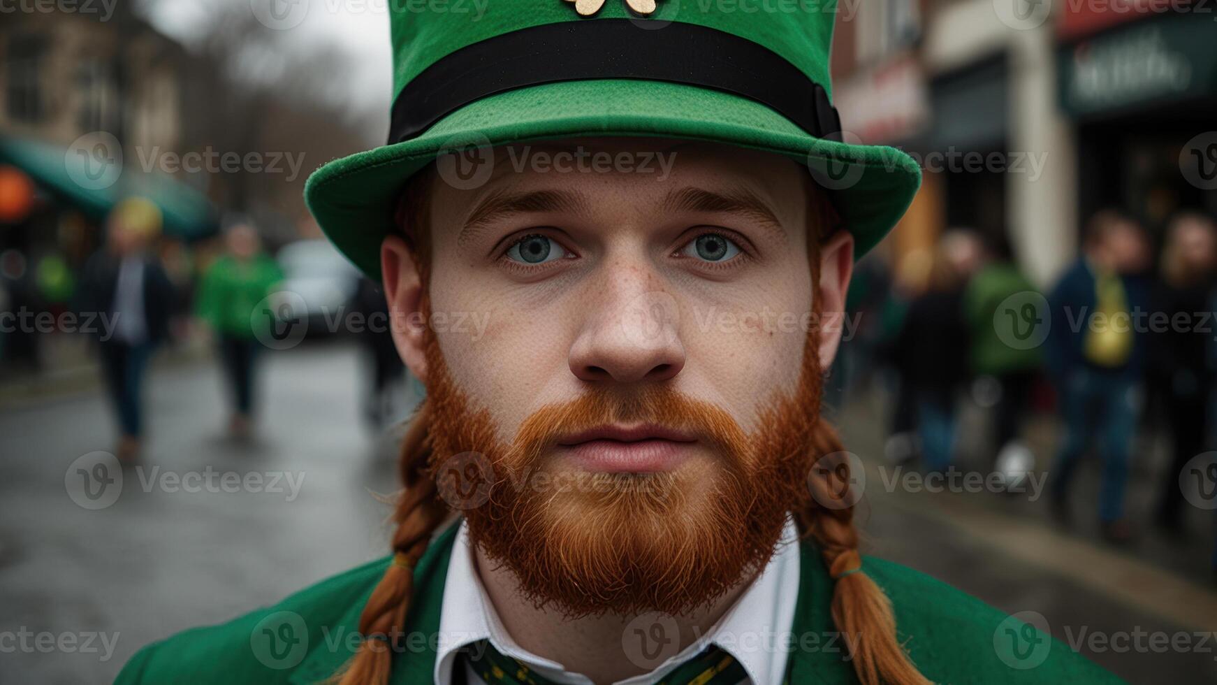 Man with red beard and hair in green hat with clover leaf photo