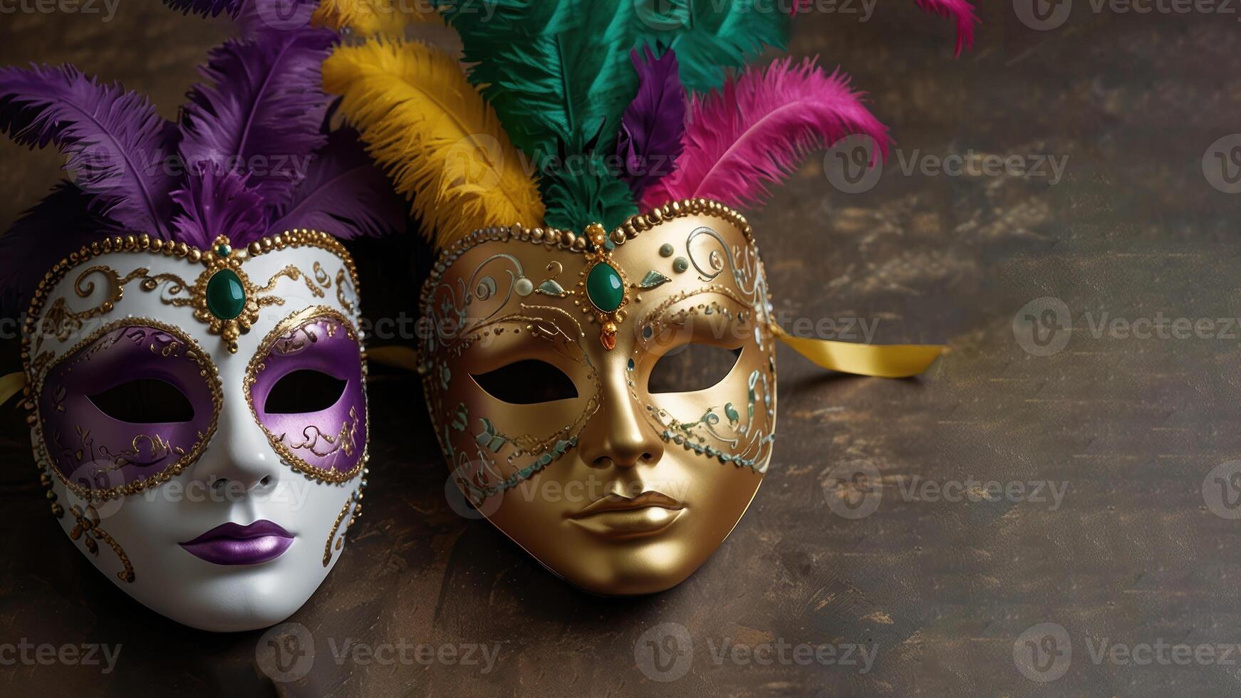 Carnival masks decorated with painting and colored feathers photo