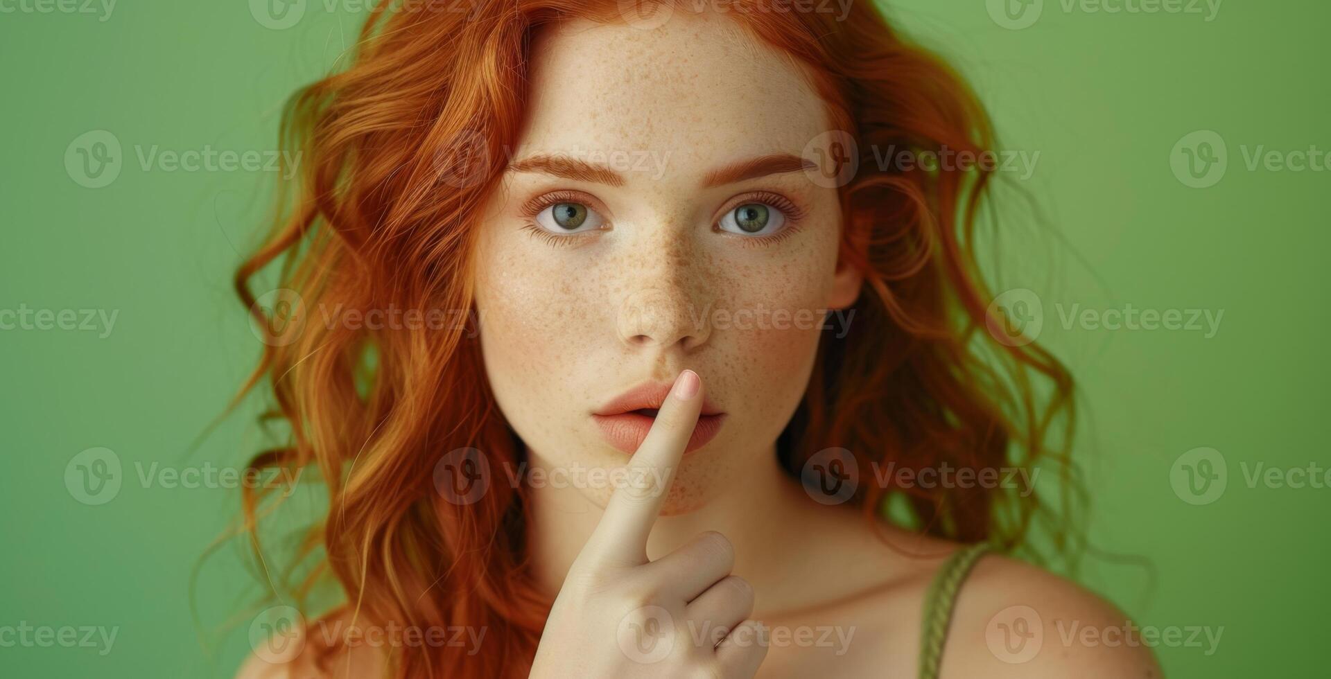 A woman with red hair and freckles holding her finger to her lips photo