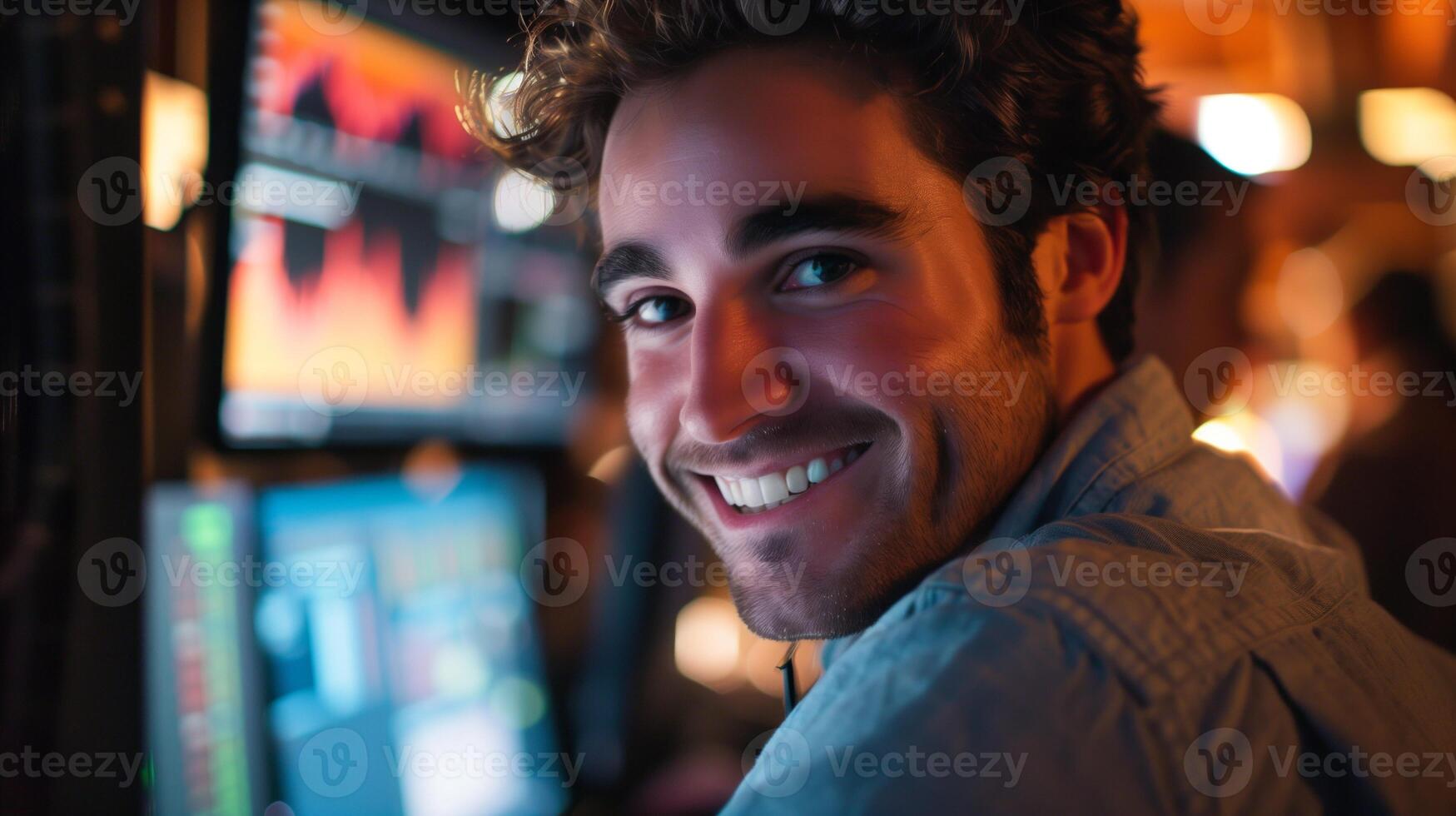 A man smiling in front of a computer screen photo