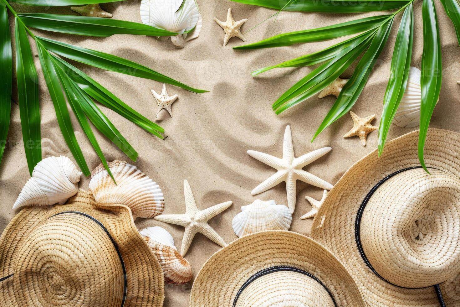 Summer background with straw hats, palm leaves and shells on sand photo