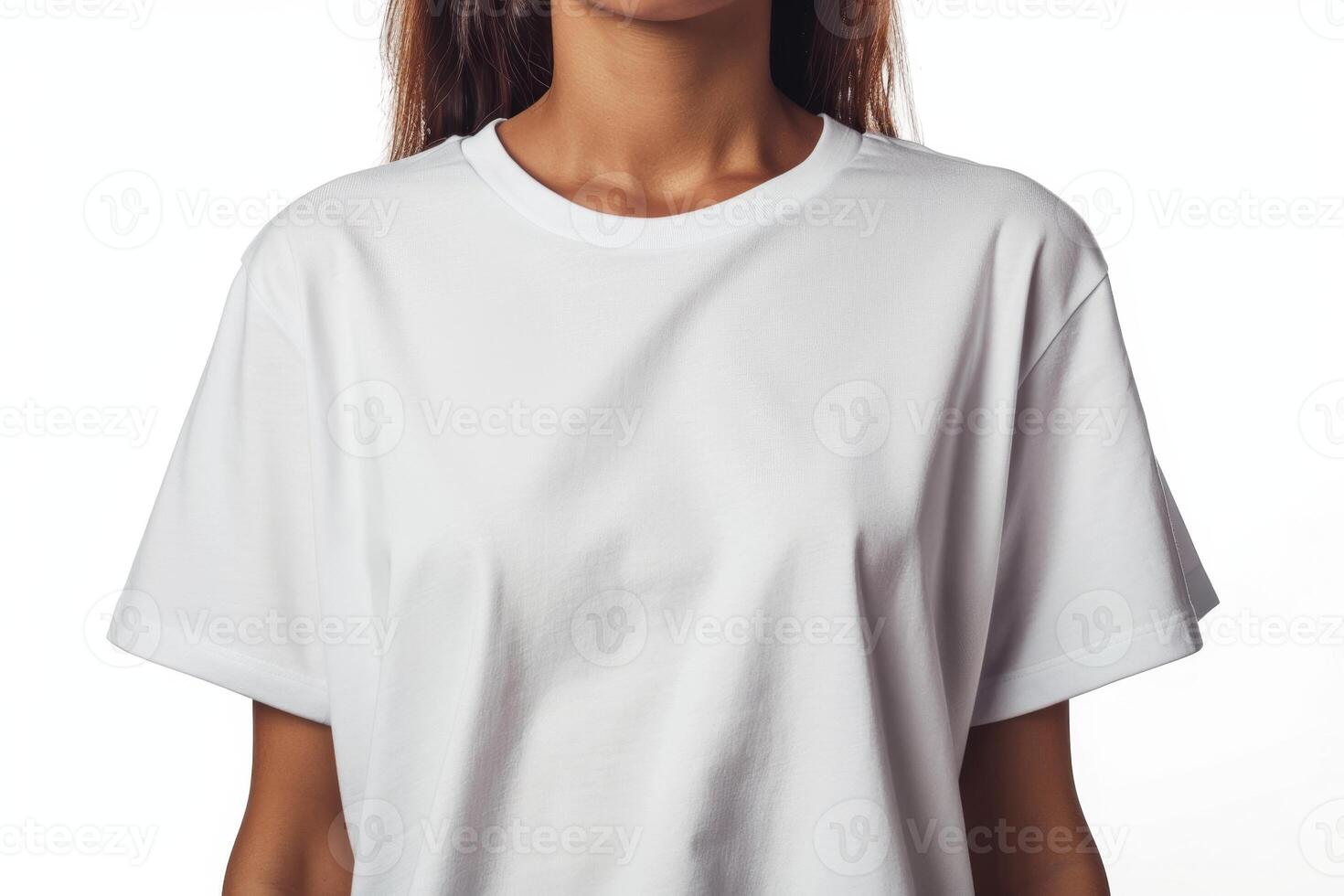 A woman wearing a white t - shirt photo
