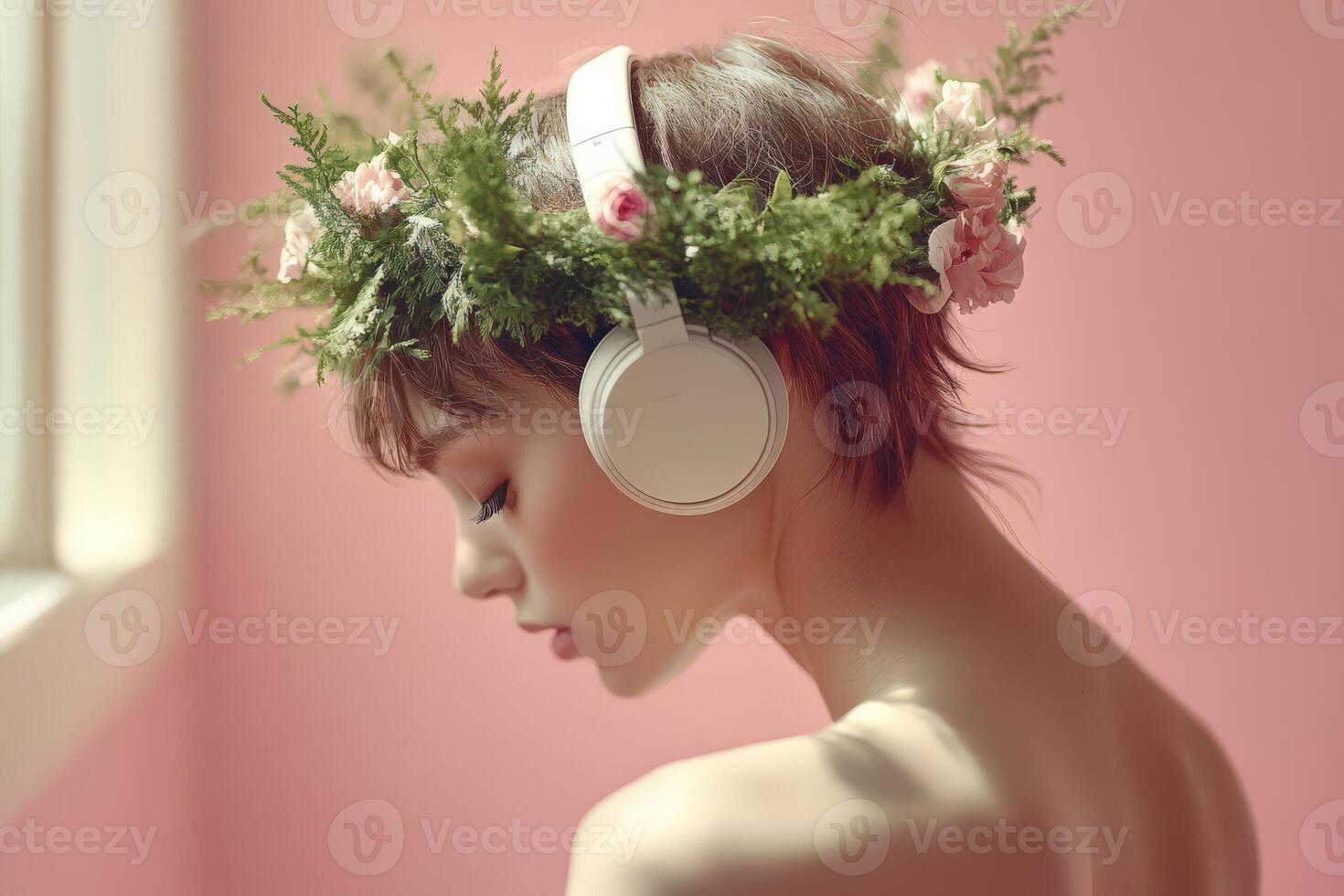 Young woman wearing headphones and a floral crown, enjoying music photo