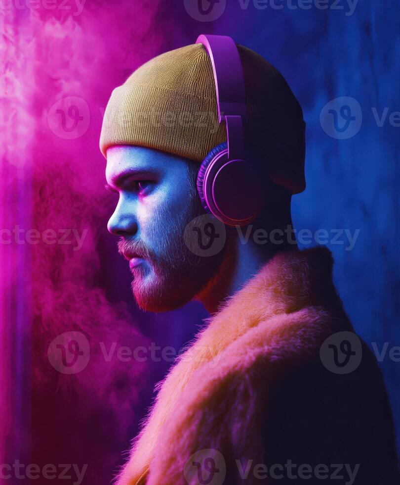 Stylish man with headphones in vibrant purple and blue lighting photo