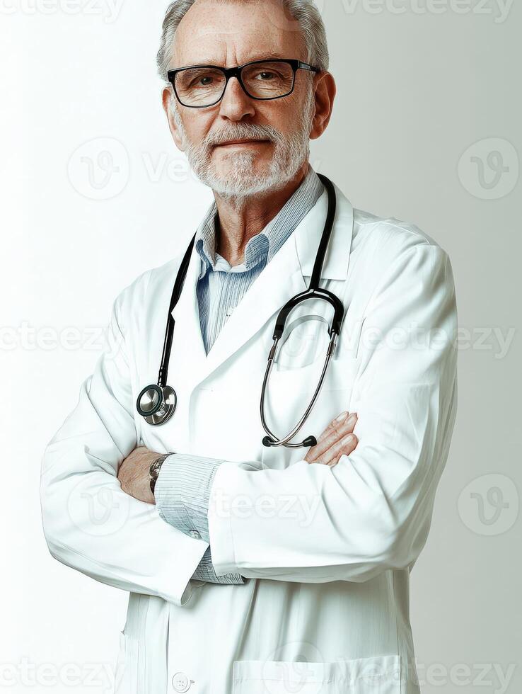 Confident doctor in a white coat with a stethoscope, ready to assist patients photo