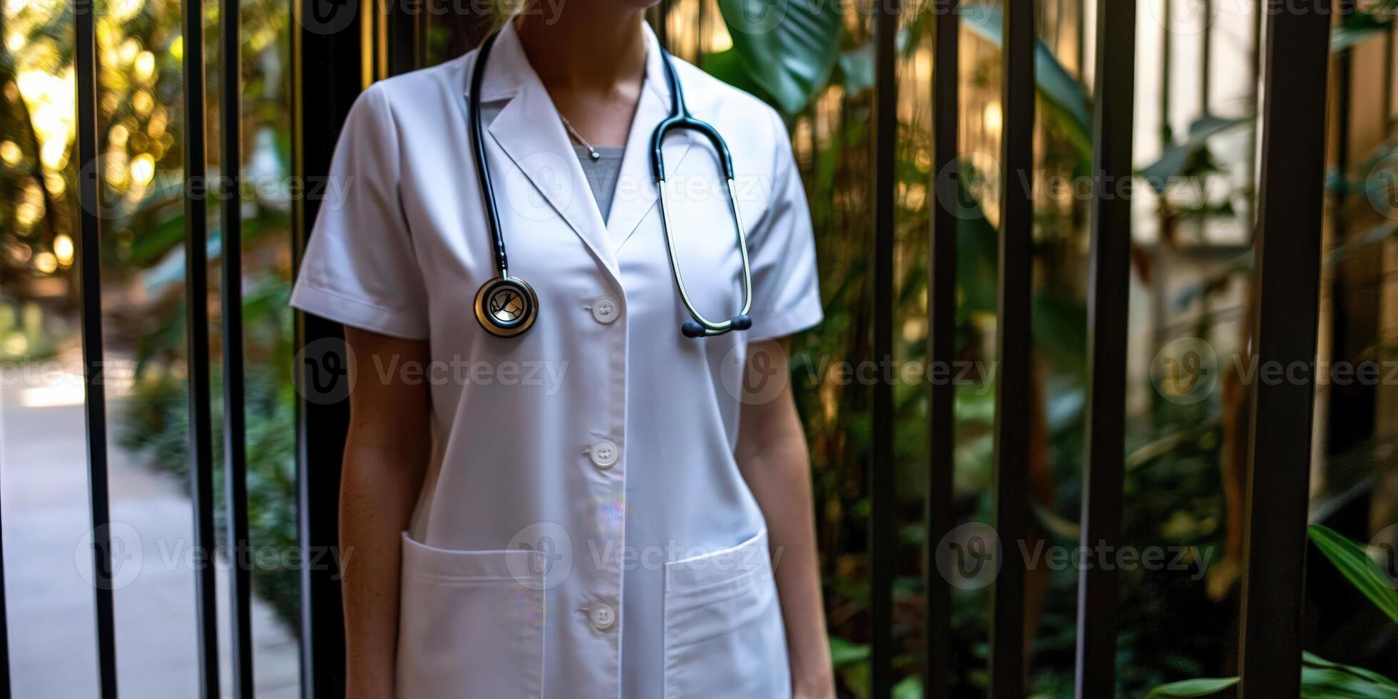 Female doctor in a white coat with a stethoscope in a lush environment photo