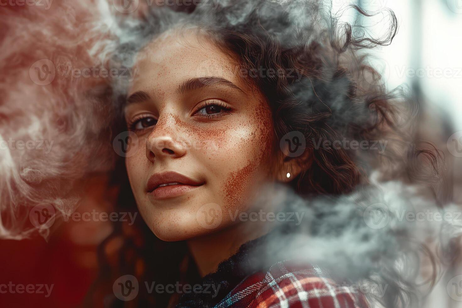 Young woman with curly hair surrounded by colorful smoke, showcasing a captivating expression photo