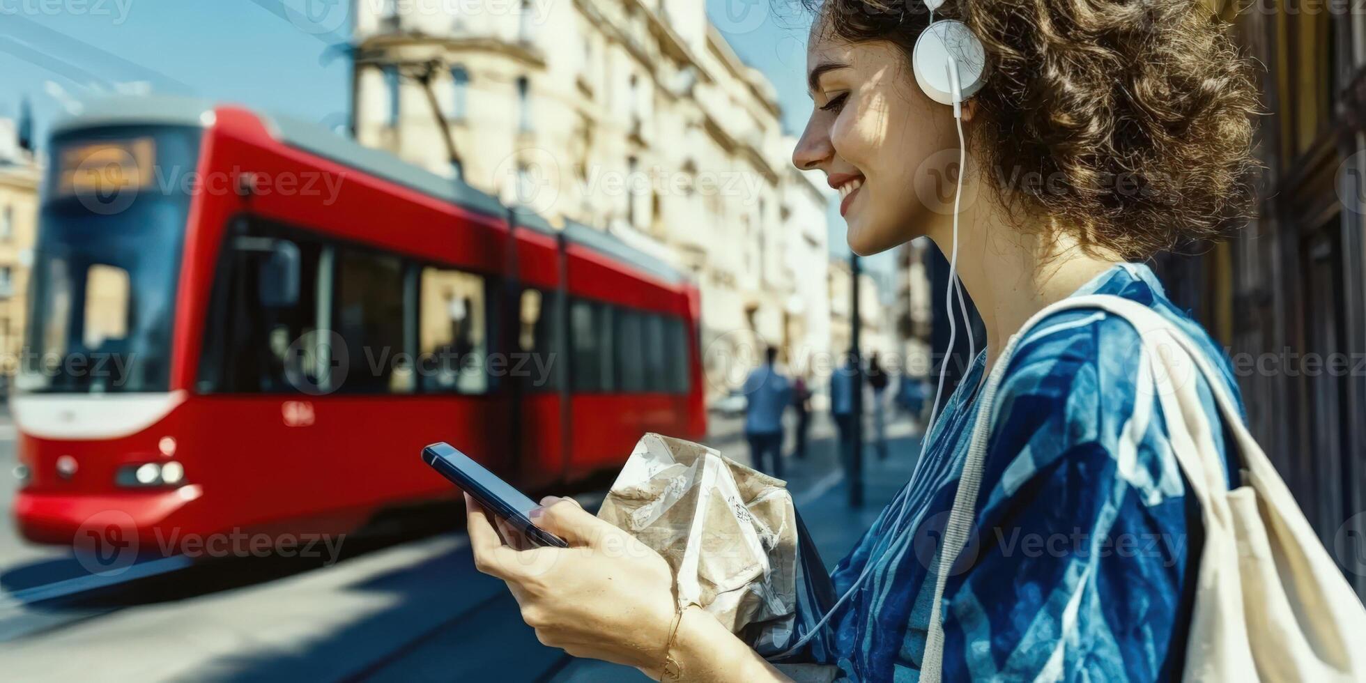 Young woman enjoying music on her smartphone while waiting for a tram photo