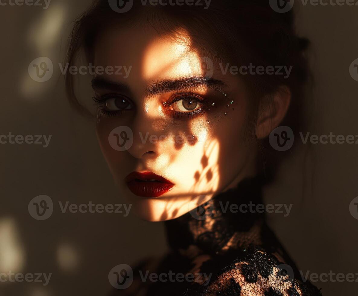 Portrait of a woman with dramatic shadows and striking makeup photo