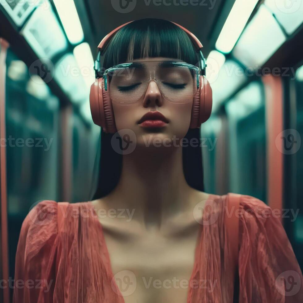 Woman wearing pink headphones, enjoying music in a subway train photo