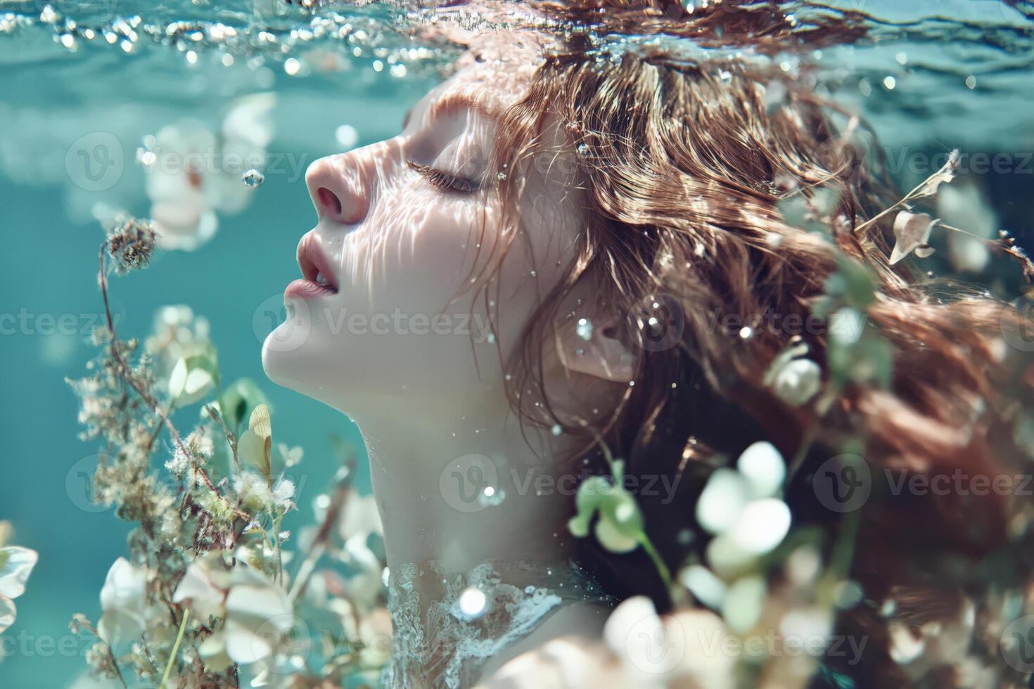 Woman submerged in water surrounded by delicate flowers, embodying tranquility photo