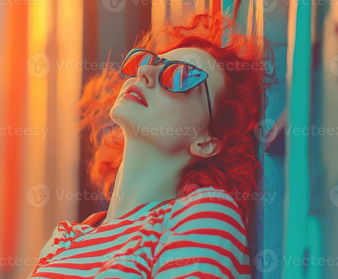 Woman with red hair wearing sunglasses, enjoying a sunny day outdoors photo