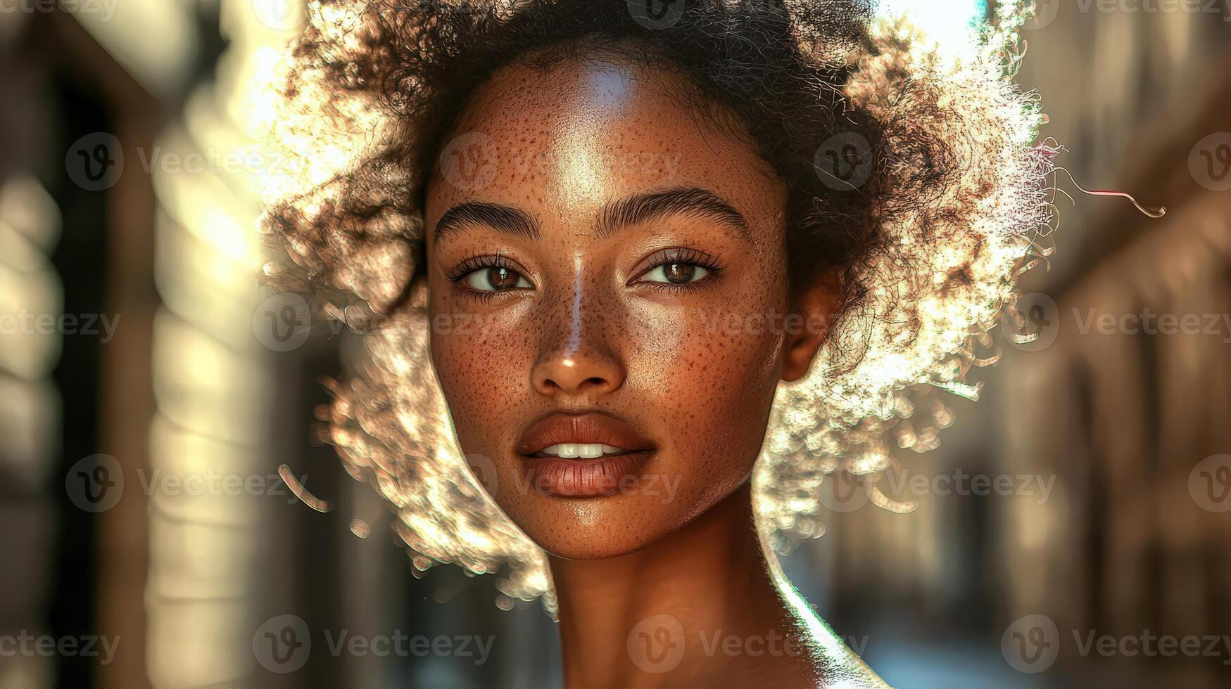 Radiant woman with curly hair and freckles, showcasing natural beauty photo