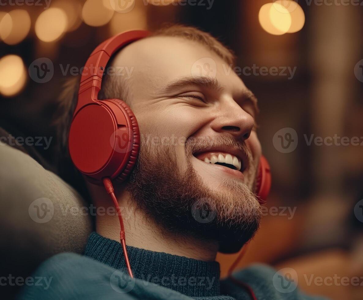Man enjoying music with red headphones, showcasing a joyful expression photo