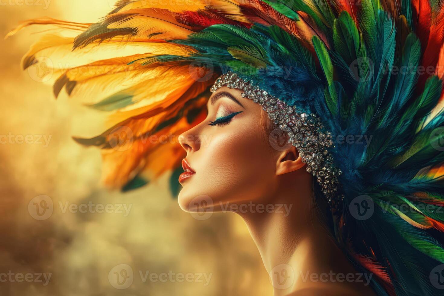 Woman in a vibrant feather headdress showcasing beauty and elegance photo