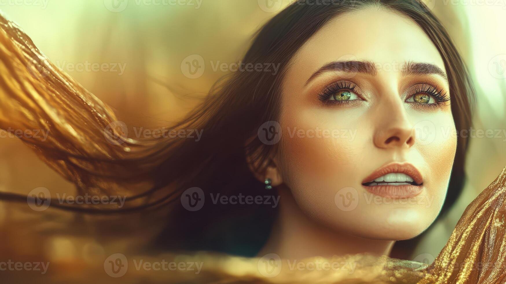 Woman with flowing hair gazing upward, embodying beauty and serenity photo