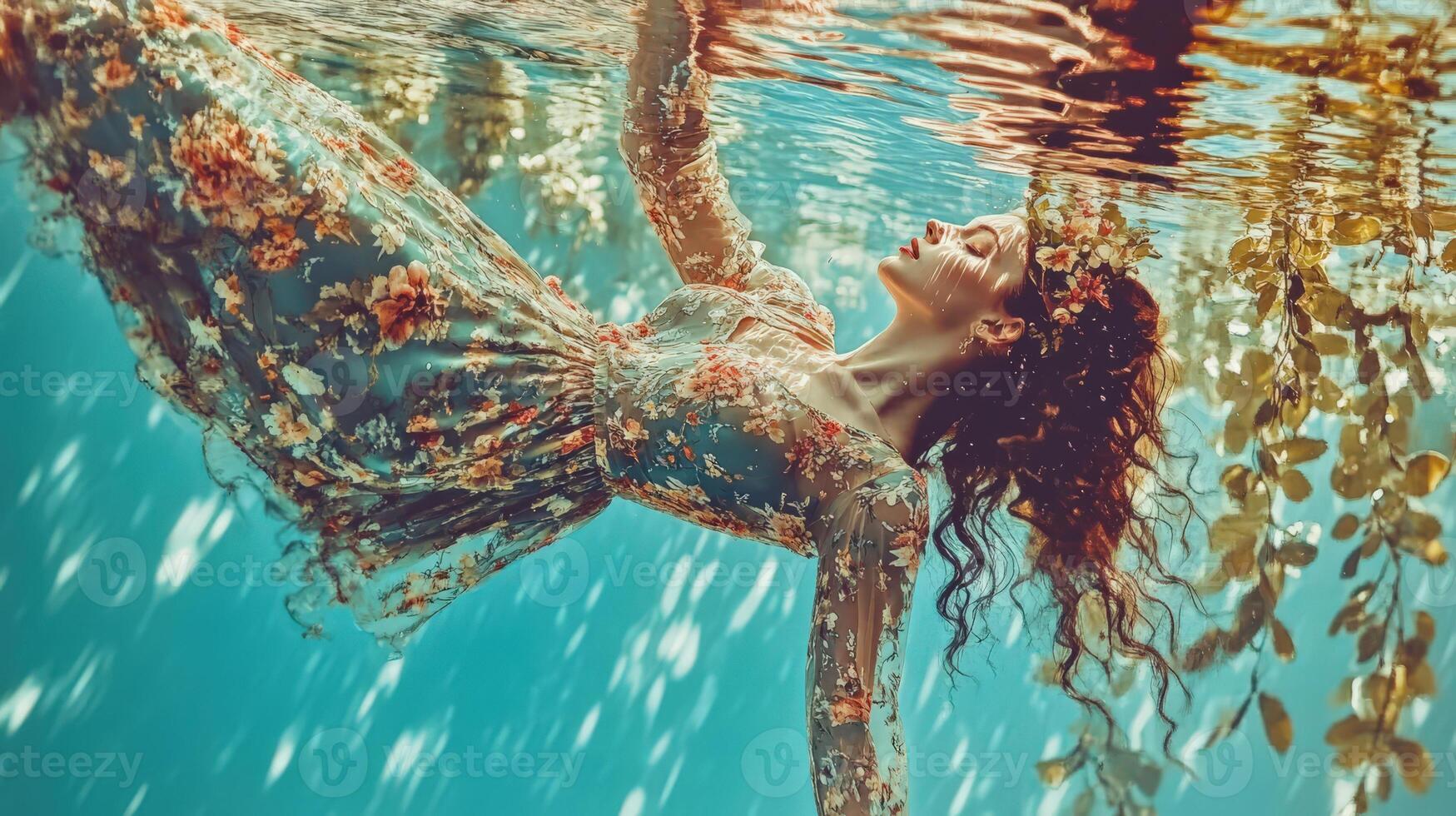 Woman floating gracefully in water, surrounded by floral reflections photo
