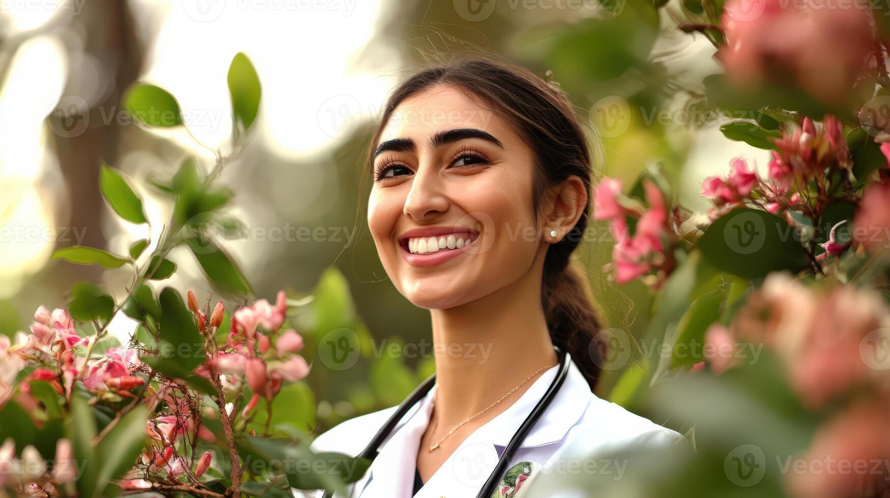 Smiling female doctor surrounded by blooming flowers in a serene setting photo