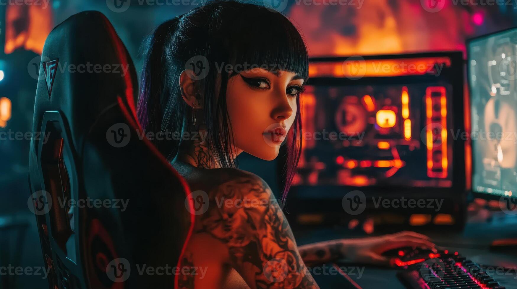 Gamer woman with tattoos focused on her computer in a vibrant setting photo