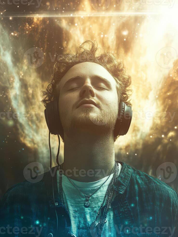 Man enjoying music with headphones, immersed in a cosmic atmosphere photo