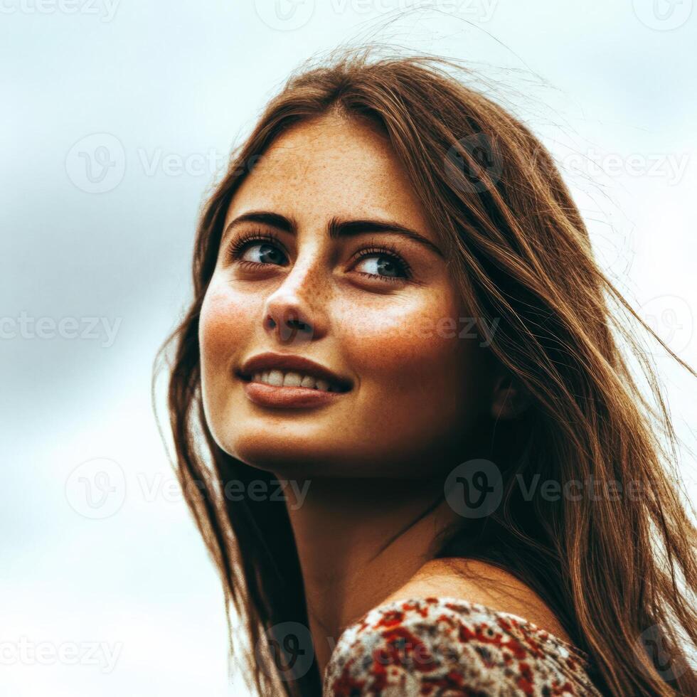 Young woman with long hair smiling against a cloudy sky backdrop photo