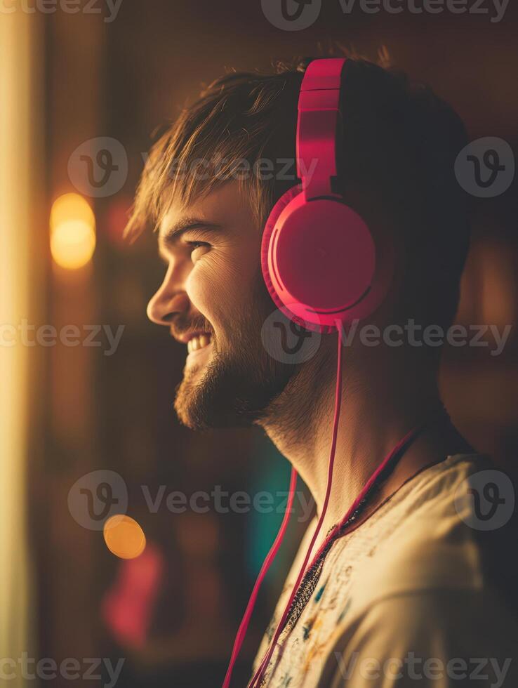 Young man enjoying music with vibrant pink headphones on photo