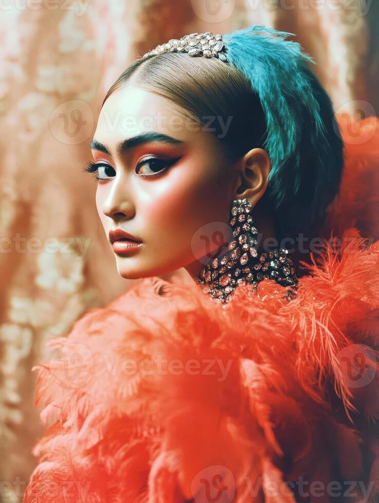 Stunning portrait of a woman in vibrant feathers and glamorous accessories photo
